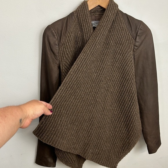 Vince Brown Leather Yak Wool Knit Draped Waterfall Open Front Jacket Sz XS - Picture 4 of 14